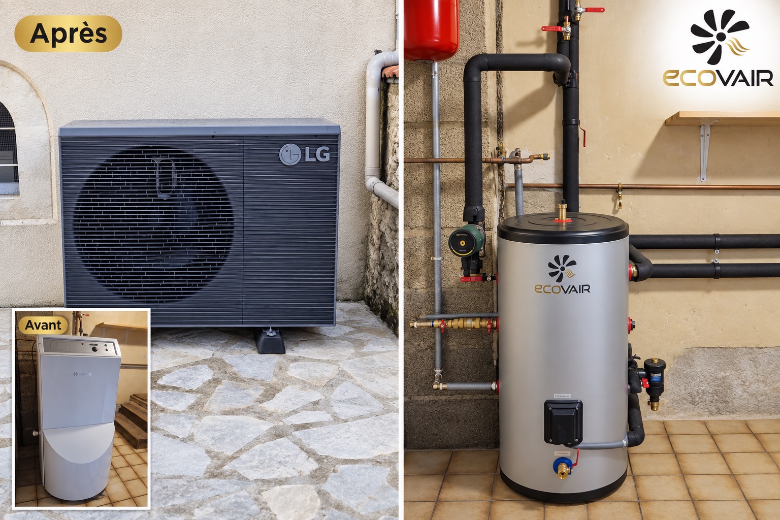 Avant / après : ancienne chaudière Bosch remplacée par une pompe à chaleur LG en extérieur et un ballon tampon Ecovair en local technique